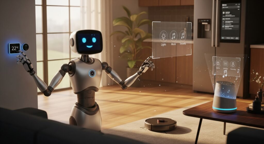 Smart home robot interacting with multiple devices