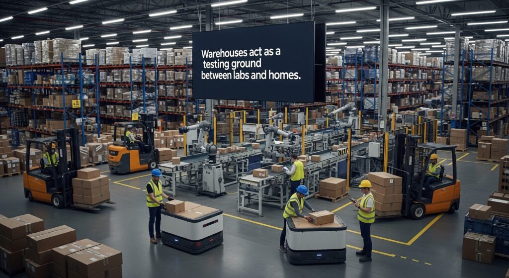 Warehouse robots collaborating with human workers