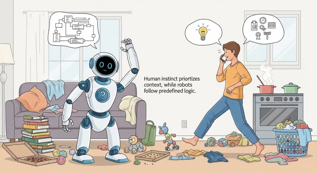Home robot struggling in a cluttered living room compared to human intuition