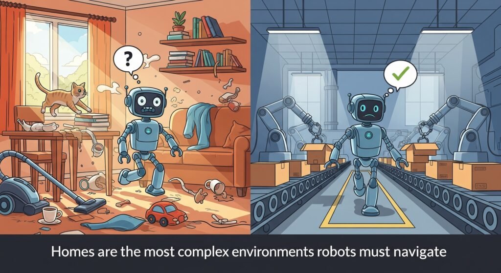 Comparison between factory robots and home robots in unpredictable environments