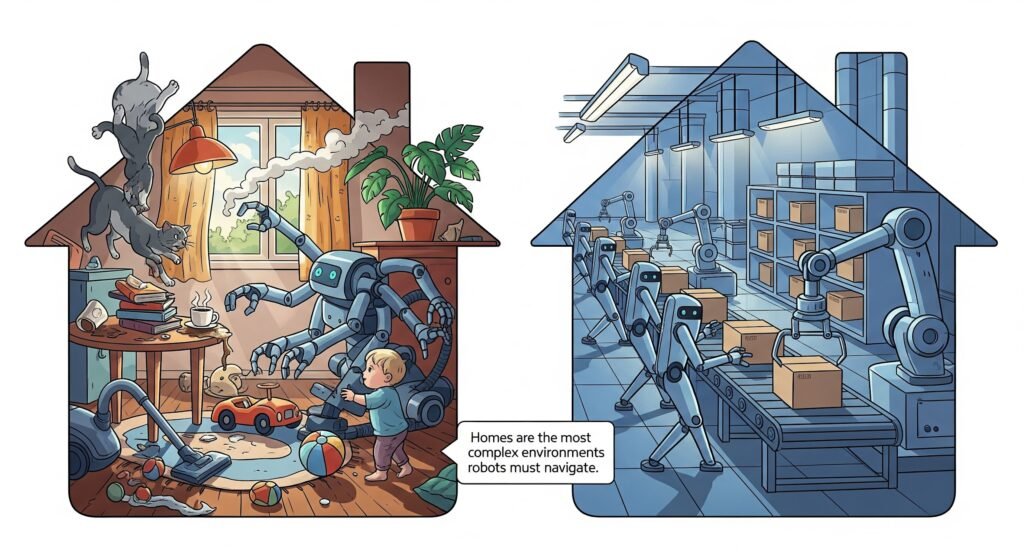Comparison between factory robots and home robots in unpredictable environments