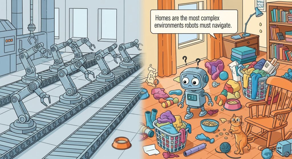 Comparison between factory robots and home robots in unpredictable environments