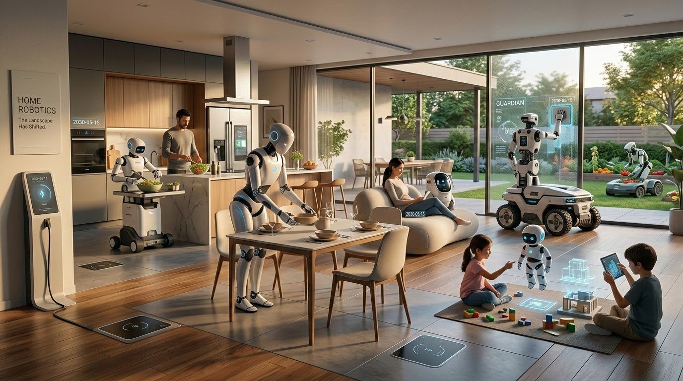 Future of home robotics by 2030 showing integrated AI home robot combining vacuum security elder care and smart home management