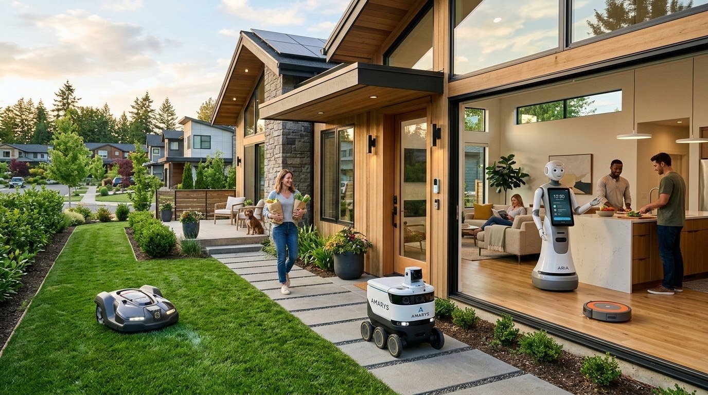 Modern home robot vacuum autonomously cleaning a suburban American living room floor in 2026