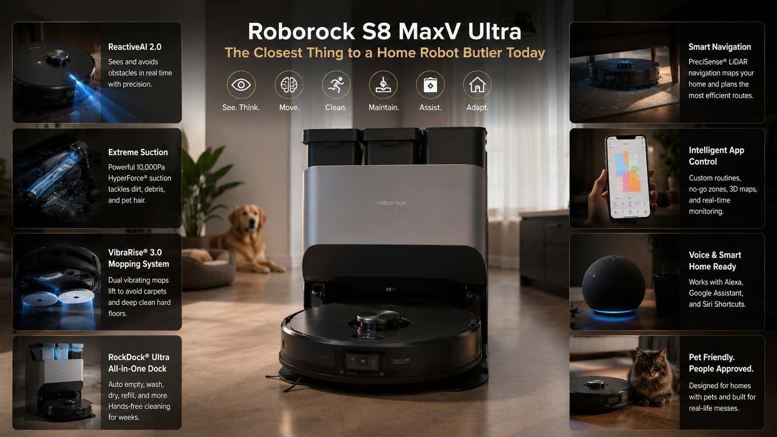 Roborock S8 MaxV Ultra premium AI-powered robot vacuum with LiDAR mapping and self-emptying dock station