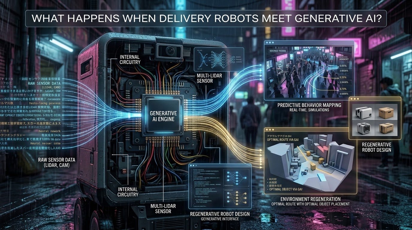 Future conversational AI delivery robot interacting with human customer using large language model natural language processing to understand complex delivery requests and intelligently respond