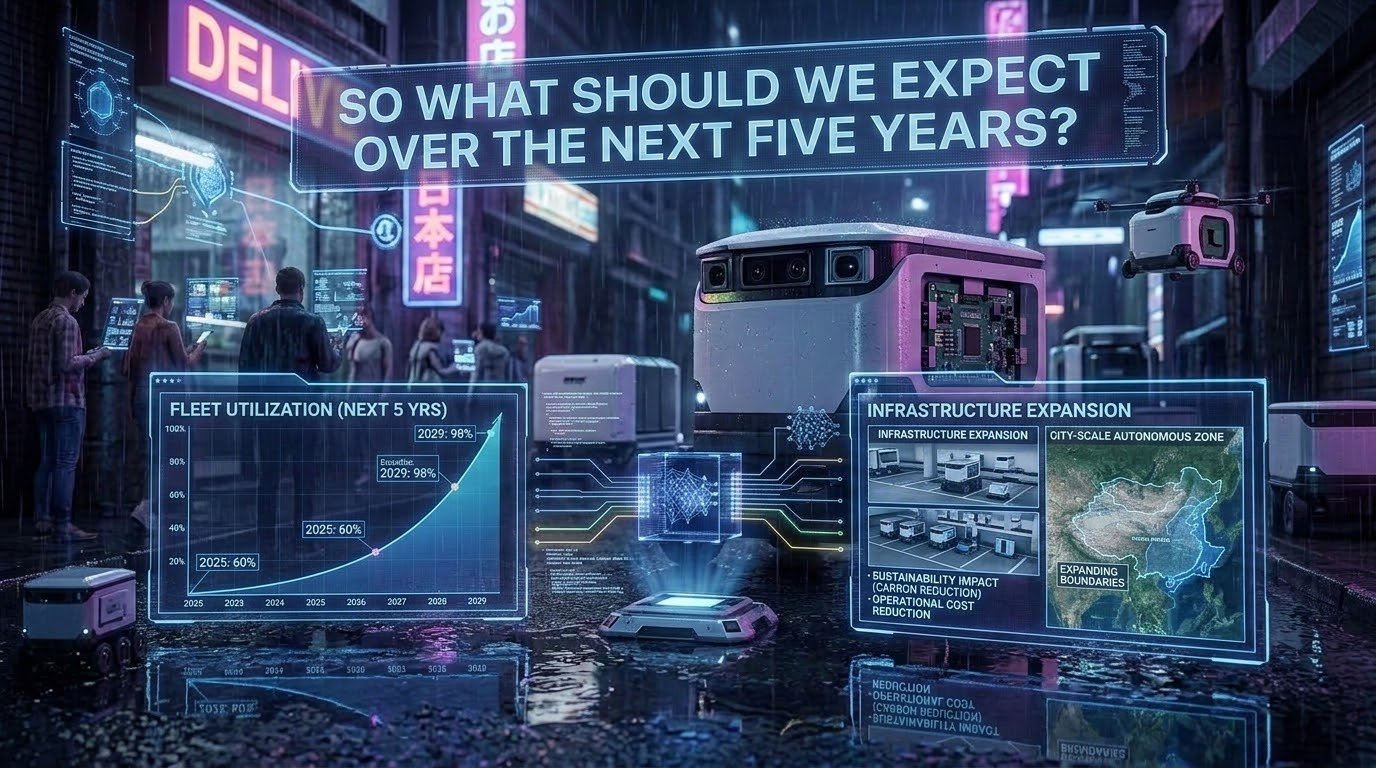 Future urban streetscape with autonomous delivery robots seamlessly integrated into everyday city life alongside pedestrians showing normalized widespread adoption of sidewalk robotics technology by 2030