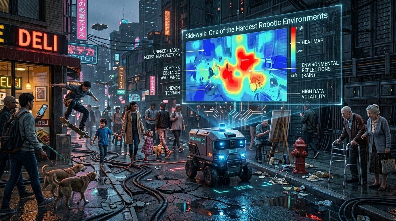 Autonomous delivery robot facing complex urban sidewalk environment with pedestrians children dogs bicycles construction zones and unpredictable human obstacles requiring real-time AI navigation
