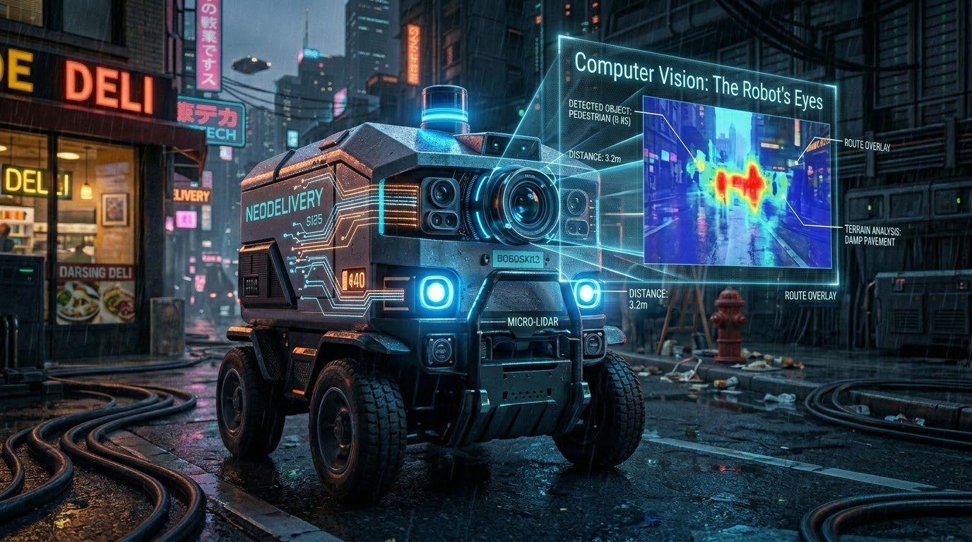 AI computer vision system using deep neural networks to identify pedestrians dogs trash cans bicycles trees and urban objects in real time for autonomous delivery robot navigation