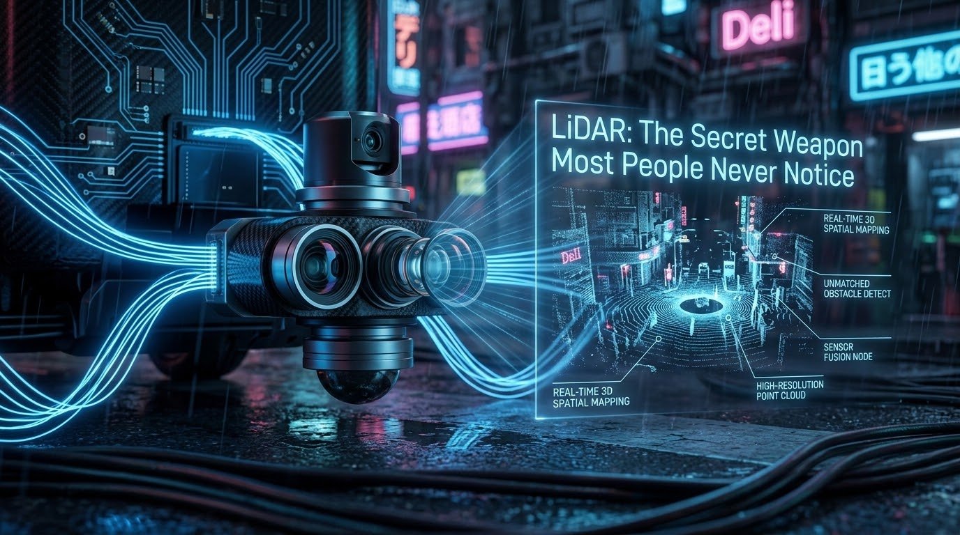 Autonomous delivery robot using LiDAR light detection and ranging to create 3D point cloud spatial map of urban environment with pedestrians bicycles and obstacles highlighted in colorful visualization