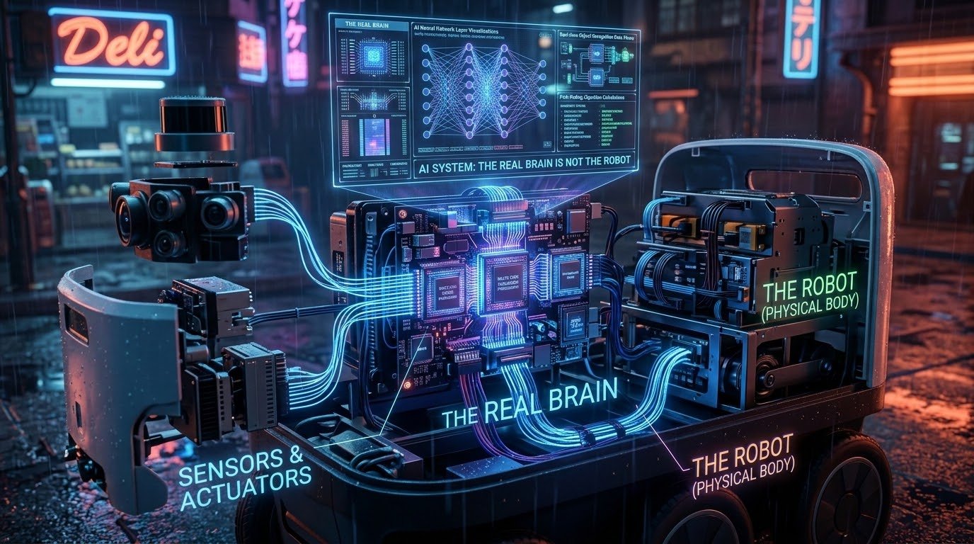 Fleet management dashboard showing multiple autonomous delivery robots connected to centralized AI cloud system with collective machine learning improving performance across all robots simultaneously