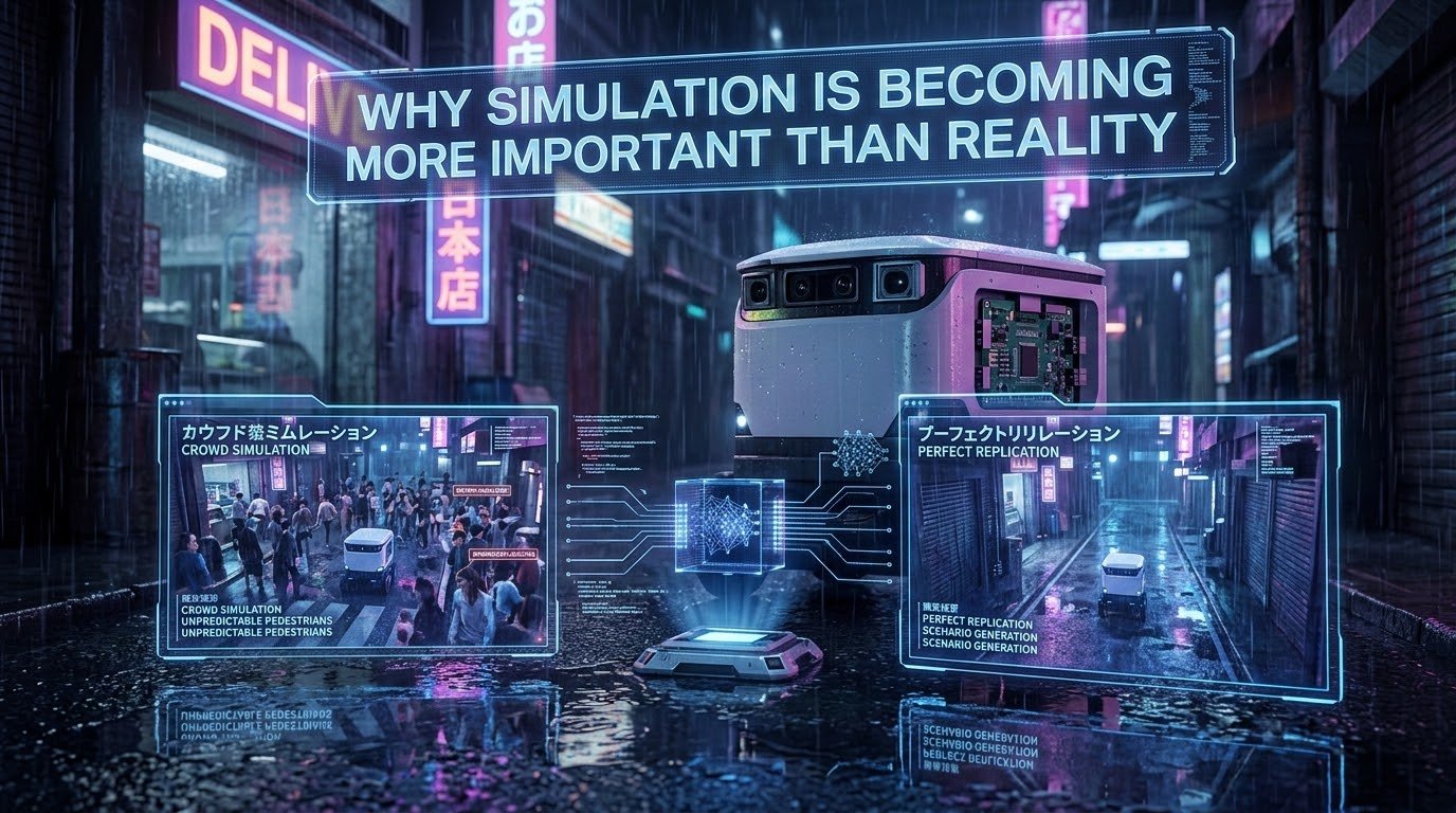 Virtual city simulation environment for autonomous delivery robot training with synthetic pedestrians traffic weather scenarios and thousands of training years compressed into hours of GPU processing