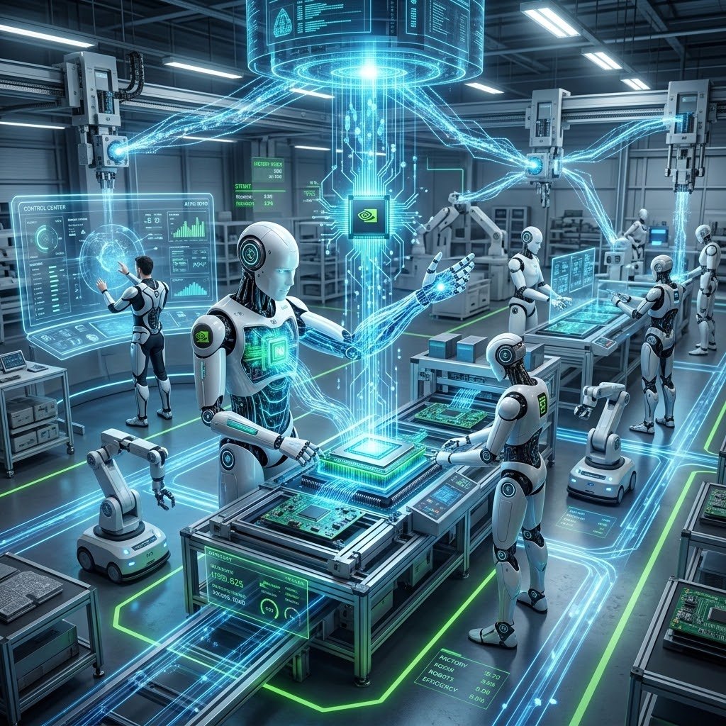 Futuristic robotics factory with AI-powered robotic arms and autonomous systems — invisible compute infrastructure powering visible machines