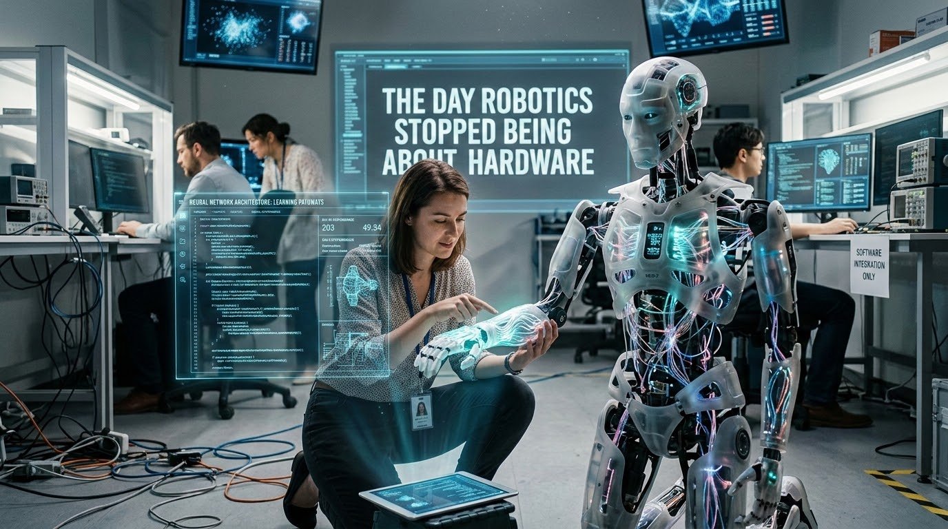 AI-powered robotic arm manipulating objects with deep learning intelligence — transition from mechanical to computational robotics