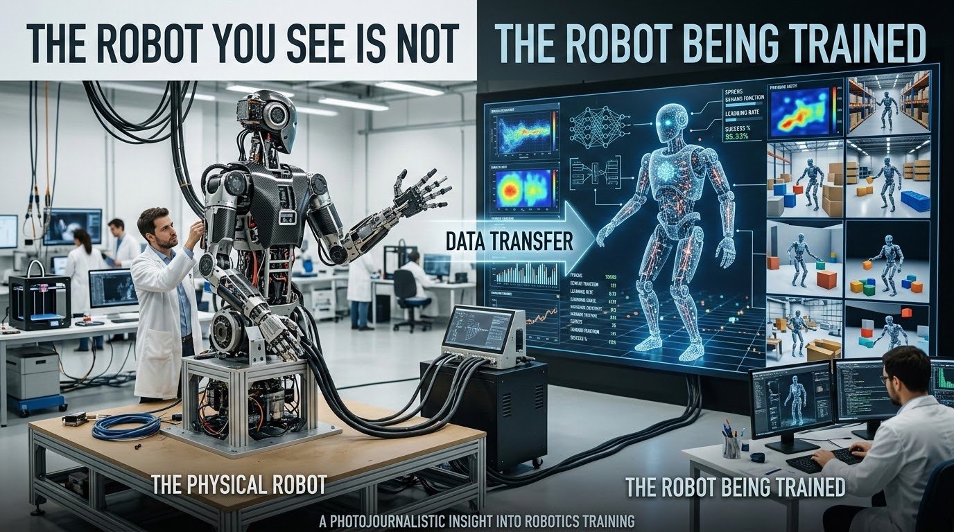 Humanoid robot Tesla Optimus and Figure 02 undergoing virtual training inside NVIDIA Isaac Lab simulation environment before real-world deployment