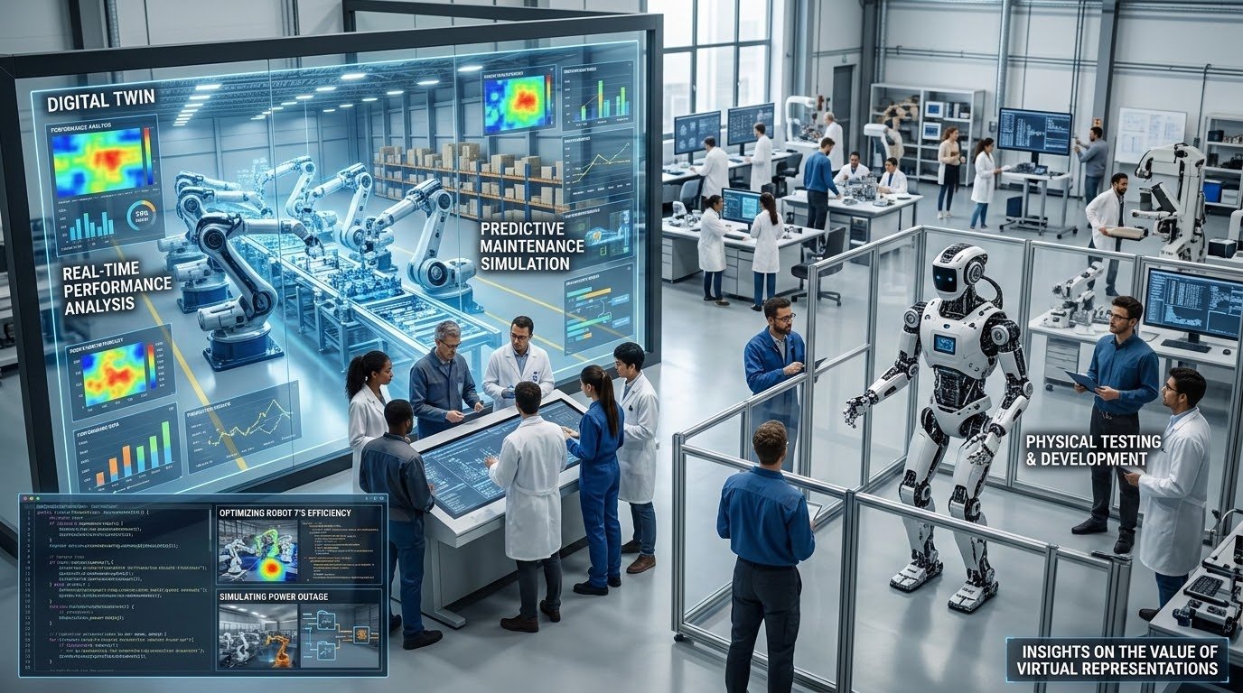 Digital twin of a smart factory created in NVIDIA Omniverse — virtual replica of physical manufacturing environment for robot simulation and testing