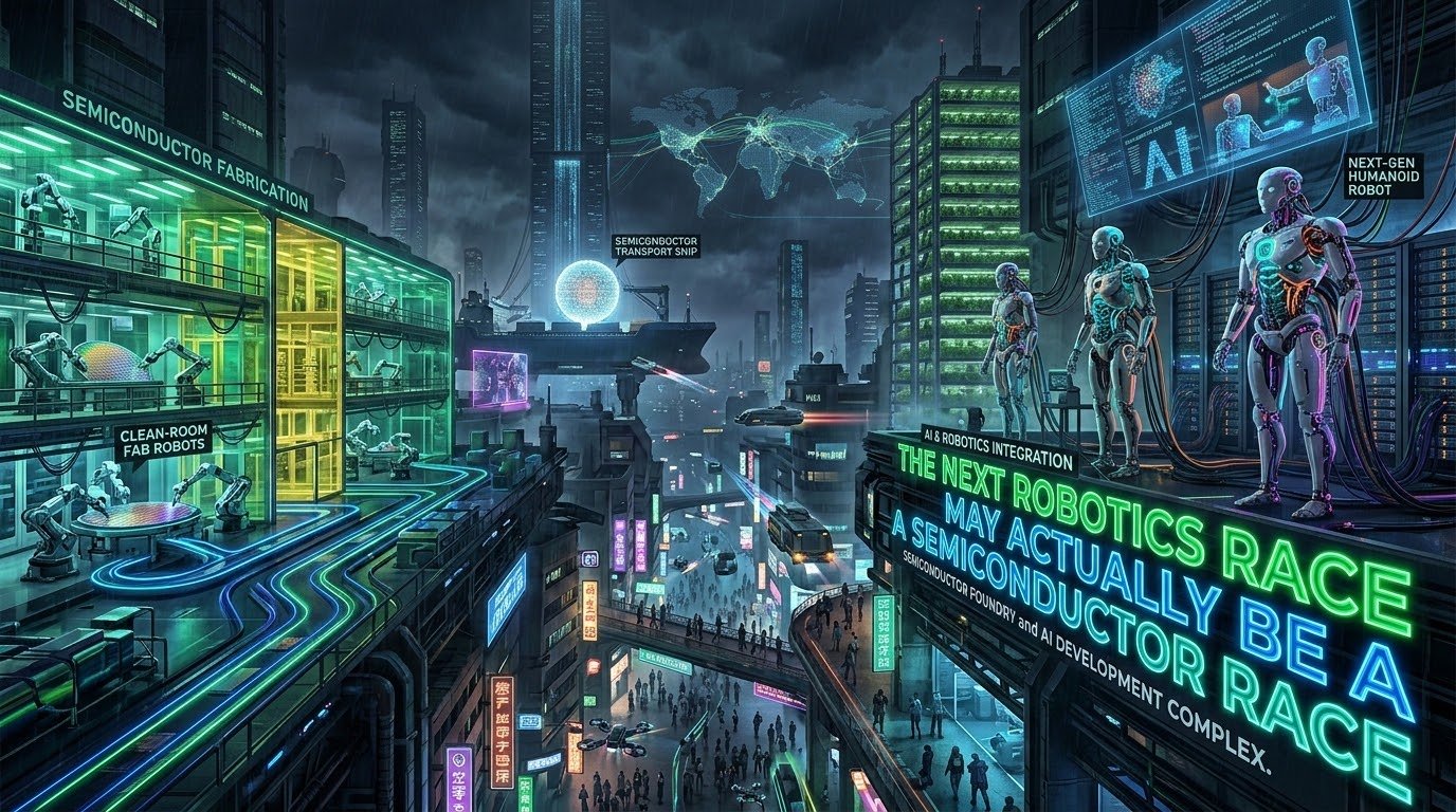 AI semiconductor chip wafer manufacturing — specialized GPU chips for machine learning powering the global robotics and AI infrastructure race